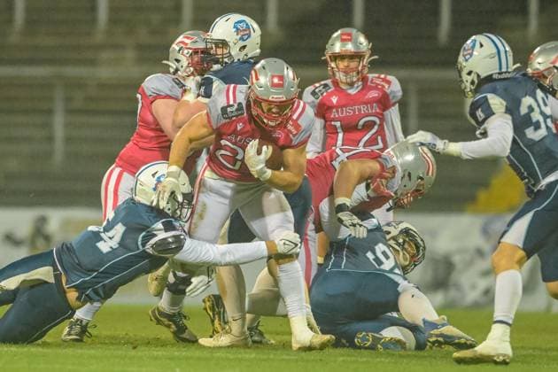 Tobias Bonatti (Team Austria, 25), Team Austria vs Team Finland, American Football, European Championship, EM, Europameisterschaft Final, Season 2025, 28.10.2025, Krefeld Grotenburg Stadion Germany Copyright: xFootxBowl JUSTxSHOTSx
