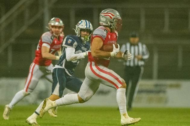 Sandro Platzgummer (Team Austria, 34) runs with the ball, Team Austria vs Team Finland, American Football, European Championship, EM, Europameisterschaft Final, Season 2025, 28.10.2025, Krefeld Grotenburg Stadion Germany Copyright: xFootxBowl JUSTxSHOTSx