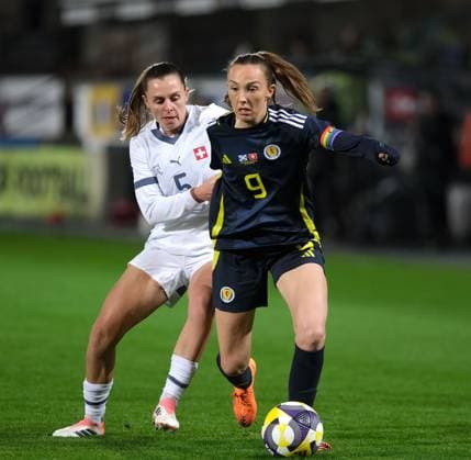 UK: Scotland v Switzerland, UEFA Women™s International Friendly, Länderspiel, Nationalmannschaft at East End Park, Dunfermline, Scotland on 28 October 2025: Pictured: Noelle Maritz (Switzerland) and Caroline Weir (Scotland) Dunfermline East End Park Scotland Copyright: xAlexxToddx
