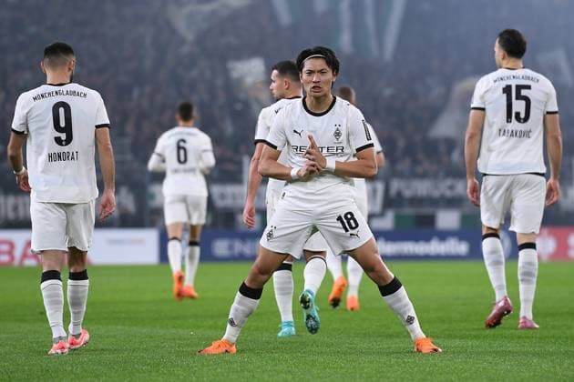 Soccer DFB Cup 2nd round Borussia Mönchengladbach Karlsruher SC on 28 10 2025 at Borussia Park in Mönchengladbach Goal celebration to 1 0 by Shuto Machino Mönchengladbach DFB regulations prohibit any use of photographs as image sequences and or quasi video xRx