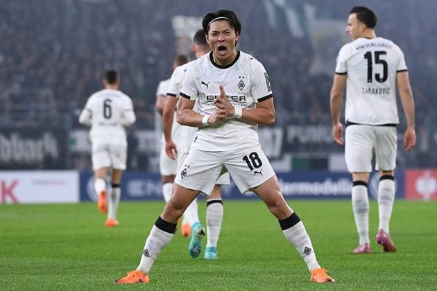 Soccer DFB Cup 2nd round Borussia Mönchengladbach Karlsruher SC on 28 10 2025 at Borussia Park in Mönchengladbach Goal celebration to 1 0 by Shuto Machino Mönchengladbach DFB regulations prohibit any use of photographs as image sequences and or quasi video xRx