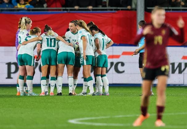 2025 UEFA Women s Nations League Promotion Relegation Play-off Second Leg, King Power at Den Dreef, Leuven, Belgium 28 10 2025 Belgium vs Republic of Ireland Ireland team dejected after Belgium™s Tessa Wullaert celebrates scoring her sides first goal of the game Ireland team dejected after Tessa Wullaert celebrates scoring her sides first goal of the game 28 10 2025  Copyright: x INPHO RyanxByrnex RB1_8059