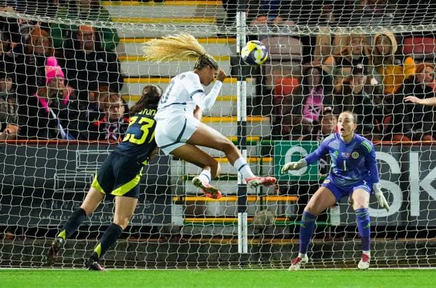 Sydney Scherbenleib of Switzerland Women heads past Scotland Women goalkeeper Lee Gibson while under pressure from Emma Lawton of Scotland Women andscores to give Switzerland a 0-1 lead. Scotland Women v Switzerland Women, International Friendly, Länderspiel, Nationalmannschaft Football, KDM Group East End Park, Dunfermline, Scotland, UK - 28 Oct 2025Dunfermline KDM Group East End Park Scotland United Kingdom EDITORIAL USE ONLY No use with unauthorised audio, video, data, fixture lists, club league logos or live services. Online in-match use limited to 120 images, no video emulation. No use in betting, games or single club league player publications. Copyright: xStuartxWallace Shutterstockx 15623644f