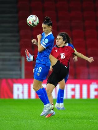 October 28, 2025, Tirana, Tirana, Albania: Antri Violari of Cyprus fight for the ball with Ilaria Zarka of Albania during their FIFA Women s World Cup 2027 Promotion Relegation play-off match at Air Albania Stadium in Tirana, Albania on 28 October 2025. Tirana Albania - ZUMAb266 20251028_zip_b266_003 Copyright: xArmandoxBabanix