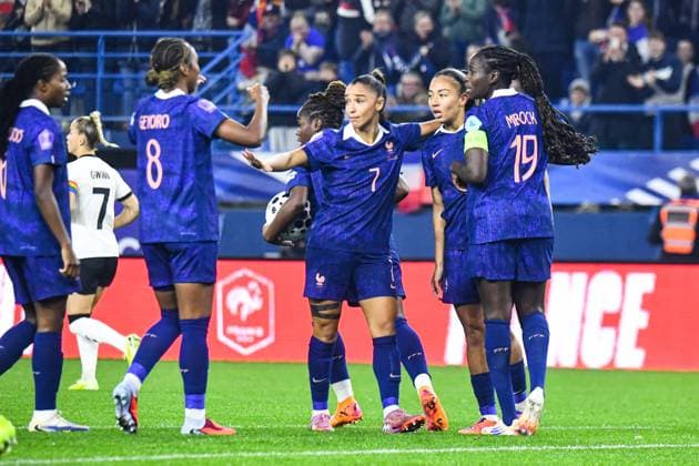 FOOTBALL : France Feminine vs Allemagne Feminine - Ligue des nations - Demi Finale retour - 28 10 2025 Joie des joueuses de l™equipe de france aprÃ s le but de Melvine Malard (France) CaenFrance  Copyright: xBaptistexAutissierx