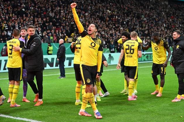 Soccer DFB Cup 2nd main round Eintracht Frankfurt Borussia Dortmund on 28 10 2025 at Deutsche Bank Park in Frankfurt Dortmund celebrate the victory DFL regulations prohibit any use of photographs as image sequences and or quasi video xJKx