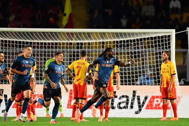 Napoli s Defensive Midfielder Frank Anguissa (99 SSC Napoli) celebrates after scoring the team s first goal during the Serie A Enilive soccer matchday 9 between US Lecce and SSC Napoli at the Via del Mare Stadium in Lecce, Italy, Tuesday, October 28, 2025. (Credit Image: Giovanni Evangelista LaPresse)  Copyright: xGiovannixEvangelista LaPressex
