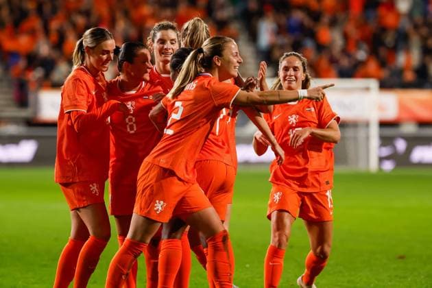 Lynn Wilms of the Netherlands celebrates after scoring his team s first goal Netherlands v Canada, Women s International Friendly, Länderspiel, Nationalmannschaft Netherlands v Canada, McDOS Goffertstadion, October 28, 2025, Nijmegen, Netherlands.