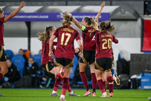 BELGIUM VS IRELAND Tessa Wullaert (9) of Belgium celebrates after scoring the 2-0 goal during a women football game between the national teams of the republic of Ireland and Belgium, called the Red Flames for the second leg of the Promotion relegation play-off in the Uefa Womens Nations League 2025, on Tuesday 28 October 2025 in Leuven , BELGIUM . Photo Sportpix David Catry Leuven King Power Stadium BELGIUM  Copyright: xSportpix.bex xDavidxCatryxDavidxCatryx
