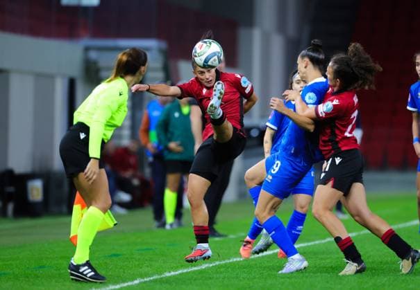 October 28, 2025, Tirana, Tirana, Albania: Arbenita Curraj (C) of Albania in action during their FIFA Women s World Cup 2027 Promotion Relegation play-off match Albania vs Cyprus at Air Albania Stadium in Tirana, Albania on 28 October 2025. Tirana Albania - ZUMAb266 20251028_zip_b266_008 Copyright: xArmandoxBabanix