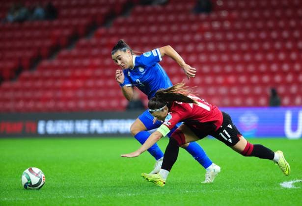 October 28, 2025, Tirana, Tirana, Albania: Chryso Michael of Cyprus fight for the ball with Megi Doci of Albania during their FIFA Women s World Cup 2027 Promotion Relegation play-off match Albania vs Cyprus at Air Albania Stadium in Tirana, Albania on 28 October 2025. Tirana Albania - ZUMAb266 20251028_zip_b266_014 Copyright: xArmandoxBabanix