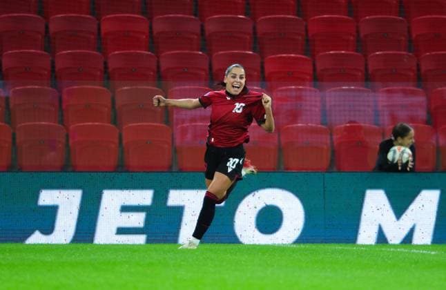 October 28, 2025, Tirana, Tirana, Albania: Qendresa Krasniqi celebrate her opening goal for her team during their FIFA Women s World Cup 2027 Promotion Relegation play-off match Albania vs Cyprus at Air Albania Stadium in Tirana, Albania on 28 October 2025. Tirana Albania - ZUMAb266 20251028_zip_b266_016 Copyright: xArmandoxBabanix