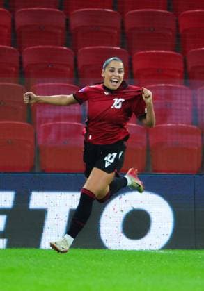October 28, 2025, Tirana, Tirana, Albania: Qendresa Krasniqi of Albania celebrate her opening goal for her team during their FIFA Women s World Cup 2027 Promotion Relegation play-off match Albania vs Cyprus at Air Albania Stadium in Tirana, Albania on 28 October 2025. Tirana Albania - ZUMAb266 20251028_zip_b266_017 Copyright: xArmandoxBabanix