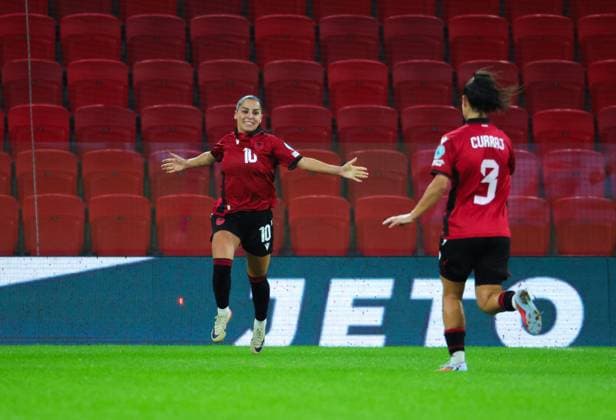 October 28, 2025, Tirana, Tirana, Albania: Qendresa Krasniqi of Albania celebrate her opening goal for her team during their FIFA Women s World Cup 2027 Promotion Relegation play-off match Albania vs Cyprus at Air Albania Stadium in Tirana, Albania on 28 October 2025. Tirana Albania - ZUMAb266 20251028_zip_b266_018 Copyright: xArmandoxBabanix