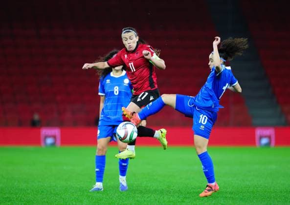 October 28, 2025, Tirana, Tirana, Albania: Elena Aristodimou of Cyprus in action against Megi Doci of Albania during their FIFA Women s World Cup 2027 Promotion Relegation play-off match Albania vs Cyprus at Air Albania Stadium in Tirana, Albania on 28 October 2025. Tirana Albania - ZUMAb266 20251028_zip_b266_021 Copyright: xArmandoxBabanix