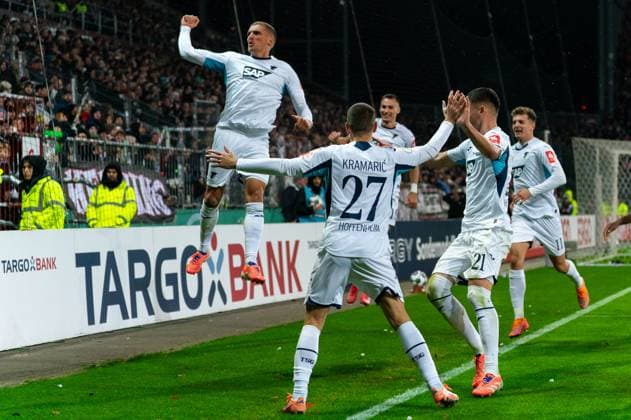 Goal to 1 1 Grischa Proemel TSG 1899 Hoffenheim, 06 jubilant cheers in the jump, Andrej Kramaric TSG 1899 Hoffenheim, 27 , Albian Hajdari TSG 1899 Hoffenheim, 21 , Fisnik Asllani TSG 1899 Hoffenheim, 11 , GER, FC St Pauli vs TSG 1899 Hoffenheim, Football, DFB Pokal, 2 Runde, Saison 2025 2026, 28 10 2025 DFL REGULATIONS PROHIBIT ANY USE OF PHOTOGRAPHS AS IMAGE SEQUENCES AND OR QUASI VIDEO GER, FC St Pauli vs TSG 1899 Hoffenheim, Football, DFB Pokal, 2 Runde, Saison 2025 2026, 28 10 2025 Hamburg Copyright: xEibner-Pressefoto MaxxVincenx EP_MVN