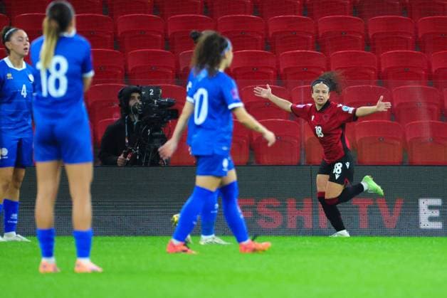 October 28, 2025, Tirana, Tirana, Albania: Sara Begallo of Albania celebrate her second goal for her team during their FIFA Women s World Cup 2027 Promotion Relegation play-off match Albania vs Cyprus at Air Albania Stadium in Tirana, Albania on 28 October 2025. Tirana Albania - ZUMAb266 20251028_zip_b266_024 Copyright: xArmandoxBabanix