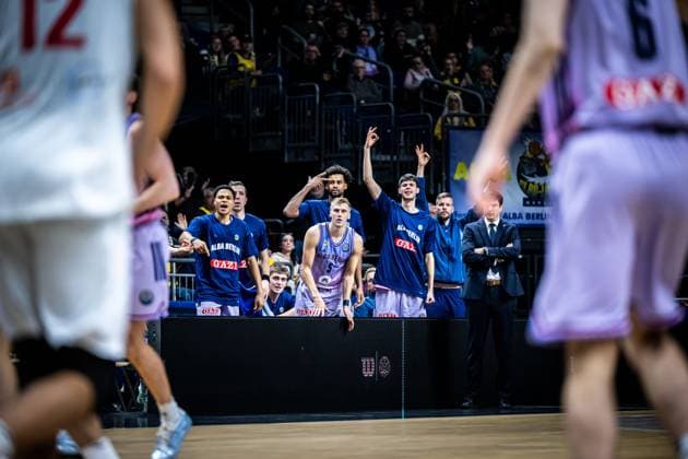 Basketball Berlin 28 10 2025 Season 2025 2026 Basketball Champions League BCL Alba Berlin ERA Basketball Nymburk Jubel Nevio Bennefeld Alba Berlin, No 22 Norris Agbakoko Alba Berlin, No 17 Sam Griesel Alba Berlin, No 05 Jack Kayil Alba Berlin, No 07