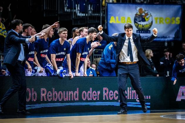 Basketball Berlin 28 10 2025 Season 2025 2026 Basketball Champions League BCL Alba Berlin ERA Basketball Nymburk Pedro Calles Alba Berlin, Coach Jubel