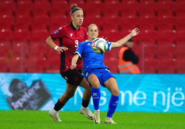 October 28, 2025, Tirana, Tirana, Albania: Sara Papadopoulou of Cyprus in action against Valentina Troka of Albania during their FIFA Women s World Cup 2027 Promotion Relegation play-off match Albania vs Cyprus at Air Albania Stadium in Tirana, Albania on 28 October 2025. Tirana Albania - ZUMAb266 20251028_zip_b266_029 Copyright: xArmandoxBabanix