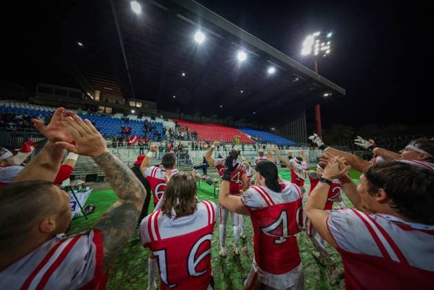 AMERICAN FOOTBALL - IFAF EC, AUT vs FIN KREFELD,GERMANY,28.OCT.25 - AMERICAN FOOTBALL - IFAF European Championship, EM, Europameisterschaft gold medal game, final, Austria vs Finland. Image shows the rejoicing of AUT.  GEPAxpictures xDavidxBitzan