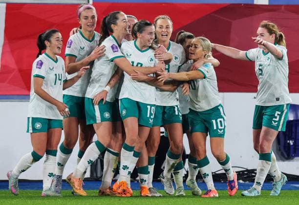 2025 UEFA Women s Nations League Promotion Relegation Play-off Second Leg, King Power at Den Dreef, Leuven, Belgium 28 10 2025 Belgium vs Republic of Ireland Ireland s team celebrates after Abbie Larkin scores her sides first goal of the game Ireland s team celebrates after Abbie Larkin scores her sides first goal of the game 28 10 2025  Copyright: x INPHO RyanxByrnex RB1_1815