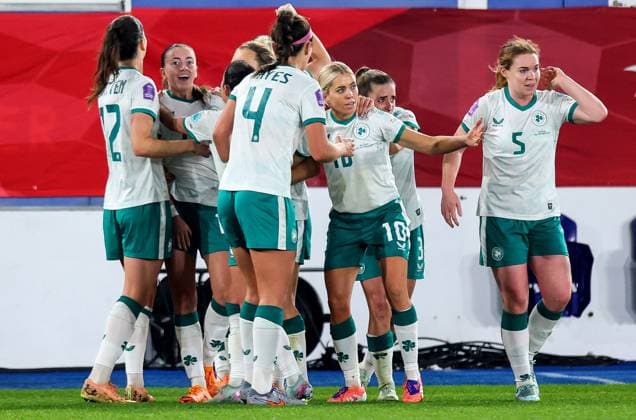 2025 UEFA Women s Nations League Promotion Relegation Play-off Second Leg, King Power at Den Dreef, Leuven, Belgium 28 10 2025 Belgium vs Republic of Ireland Ireland s team celebrates after Abbie Larkin scores her sides first goal of the game Ireland s team celebrates after Abbie Larkin scores her sides first goal of the game 28 10 2025  Copyright: x INPHO RyanxByrnex RB1_1852