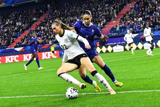 FOOTBALL : France Feminine vs Allemagne Feminine - Ligue des nations - Demi Finale retour - 28 10 2025 Jule Brand (Allemagne) Maelle Lakrar (France) CaenFrance  Copyright: xBaptistexAutissierx