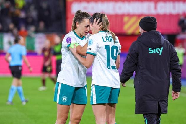 251028 BELGIUM VS IRELAND Katie McCabe (11) of Ireland celebrating with Abbie Larkin (19) of Ireland after a female soccer match between women™s national teams of Belgium, called Red Flames and Ireland, 2025-2026 season of UEFA Women™s Nations League Promotion relegation play-off , on Tuesday 28 October 2025, in Leuven, BELGIUM . PHOTO SPORTPIX Sevil OKTEM LEUVEN DEN DREEF Vlaams-Brabant Belgium  Copyright: xSportpix.bex xSevilxOktemxSevilxOktemx
