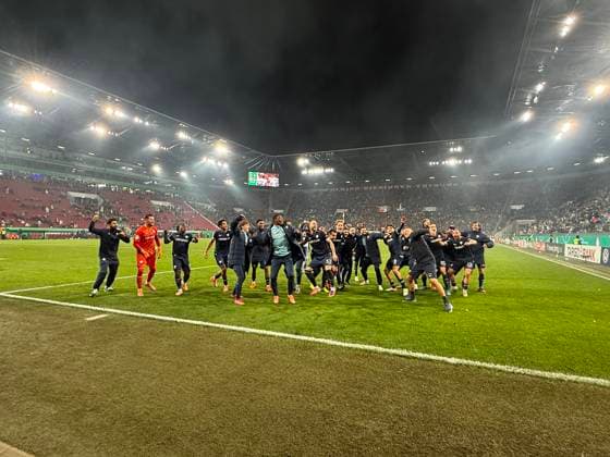 28 10 2025, Football DFB Cup 2025 2026, 2nd round, FC Augsburg VfL Bochum, in the WWK Arena Augsburg The Bochum fans celebrate after the match DFL and DFB regulations prohibit any use of photographs as image sequences and or quasi video