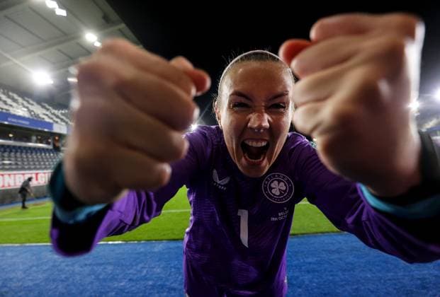 2025 UEFA Women s Nations League Promotion Relegation Play-off Second Leg, King Power at Den Dreef, Leuven, Belgium 28 10 2025 Belgium vs Republic of Ireland Ireland s goalkeeper Grace Moloney celebrates after the game Grace Moloney celebrates after the game 28 10 2025  Copyright: x INPHO RyanxByrnex RB3_3134