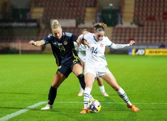 Rachel McLauchlan of Scotland Women vies for the ball with Smilla Vallotto of Switzerland Women Scotland Women v Switzerland Women, International Friendly, Länderspiel, Nationalmannschaft Football, KDM Group East End Park, Dunfermline, Scotland, UK - 28 Oct 2025Dunfermline KDM Group East End Park Scotland United Kingdom EDITORIAL USE ONLY No use with unauthorised audio, video, data, fixture lists, club league logos or live services. Online in-match use limited to 120 images, no video emulation. No use in betting, games or single club league player publications. Copyright: xStuartxWallace Shutterstockx 15623644bu