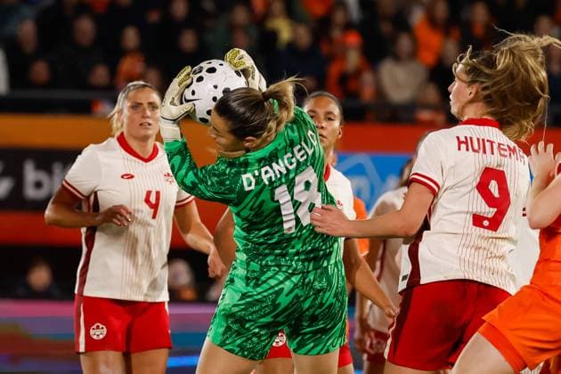 Goalkeeper Sabrina D Angelo of Canada¯¯¯saves the ball Netherlands v Canada, Women s International Friendly, Länderspiel, Nationalmannschaft Netherlands v Canada, McDOS Goffertstadion, October 28, 2025, Nijmegen, Netherlands.