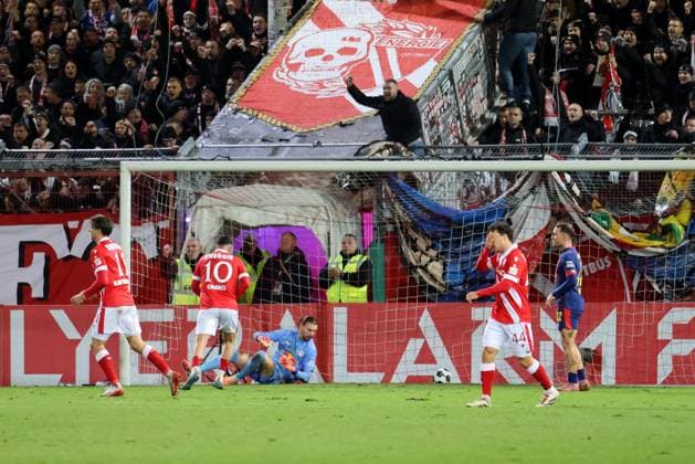 The ball is in the RB goal for 1 4 for Cottbus Football DFB Cup 2nd main round 2025 2026 FC Energie Cottbus RB Leipzig