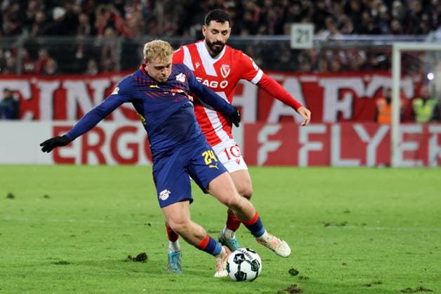 24 Xaver Schlager Leipzig, front , 10 Tolcay Cigerci Energie Cottbus Football DFB Cup 2nd main round 2025 2026 FC Energie Cottbus RB Leipzig