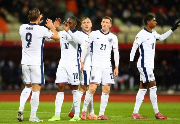 futbols, football, soccer, World Cup Qualifiers, World Cup, Qualifiers, England, Latvia England s Harry Kane, England s Eberechi Eze, England s Elliot Anderson, England s Marcus Rashford celebrate during World Cup Qualifiers group K soccer game between Latvia and England in Riga, Latvia. 14.10.2025. Foto: Roman Koksarov Riga Latvia Copyright: xRomanxKoksarovx 123A0559.JPG
