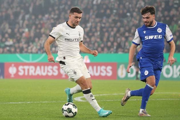Mönchengladbach, Germany 28 October 2025 DFB Pokal 2025 2026 Borussia Mönchengladbach vs Karlsruher SC In the picture from left in a duel Kevin Stöger Stoeger BMG and Lilian Egloff KSC DFB regulations prohibit any use of photographs as image sequences and or quasi video Borussia Park Nordrhein Westfalen Copyright: xFotostandx xvanxderxVeldenx