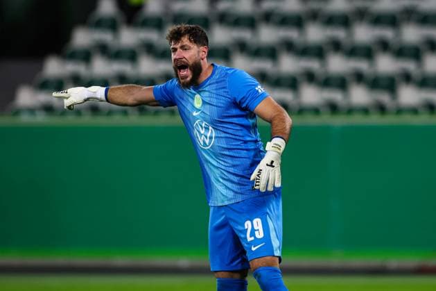 Goalkeeper Marius Mueller Müller VfL Wolfsburg,29 2nd round DFB Cup season 2025 2026 VfL Wolfsburg vs Holstein Kiel at the Volkswagen Arena in Wolfsburg single picture,action,soccer,Germany,man,men,28 10 2025