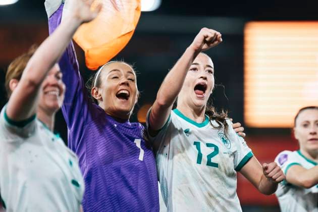 LEUVEN, BELGIUM - OCTOBER 28: Grace Moloney (Ireland, 1) and Jessica Ziu (Ireland, 12) celebrate after the match during the UEFA Women’s Nations League Relegation Play-Off match between Belgium and Ireland at Den Dreef Stadium onOctober 28, 2025 in Leuven, Belgium Copyright: xBEAUTIFULxSPORTS Freisenx