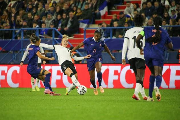 28 10 2025, xgrfx, Soccer UEFA Women s Nations League Semifinal , France Germany v l Sakina Karchaoui France , Giulia Gwinn German Women s National Team , Diani Kadidiatou France DFL DFB REGULATIONS PROHIBIT ANY USE OF PHOTOGRAPHS as IMAGE SEQUENCES and or QUASI VIDEO Caen