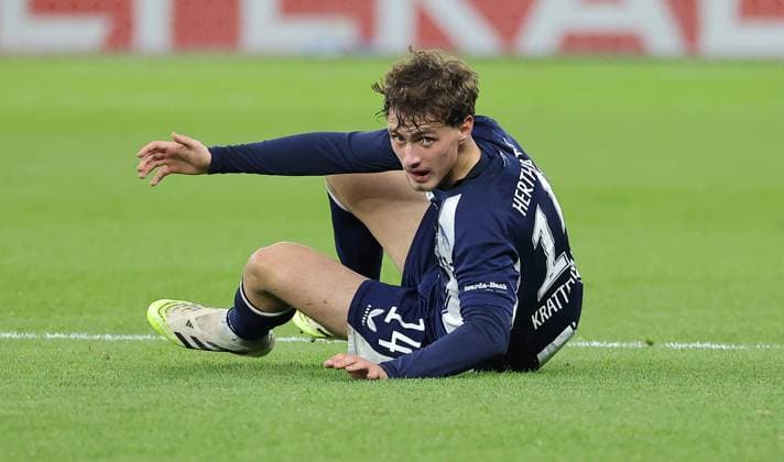 Maurice Krattenmacher after duel on the ground Single image Crop action Sport Soccer Football DFB Pokal 2 Round Men Season 2025 2026 28 10 2025 Hertha BSC Berlin vs SV Elversberg DFL regulations prohibit any use of photographs as image sequences and or quasi video