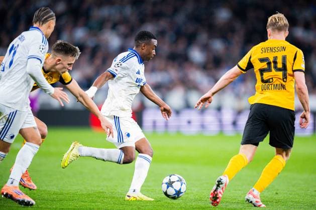 21 10 2025 Football, 2025 2026, Champions League, Matchday 3, FC Copenhagen Borussia Dortmund L R Jordan Larsson Copenhagen , Nico Schlotterbeck Dortmund , Youssoufa Moukoko Copenhagen , Daniel Svensson Dortmund