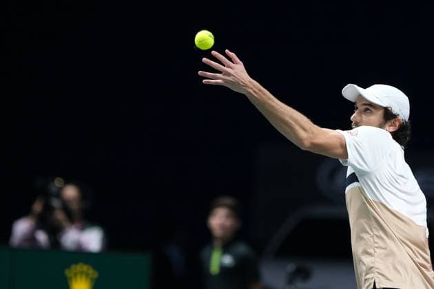 October 29, 2025, Nanterre, Hauts De Seine, France: ARTHUR RINDERKNECH (FRA) returns the ball to VALENTIN VACHEROT (MON) during the second round of Rolex Paris Masters 1000 tournament at La Defense Arena Stadium - Nanterre - France..Vacherot won 6:7 6:3 6:4 Nanterre France - ZUMAp119 20251029_zaf_p119_014 Copyright: xPierrexSteveninx