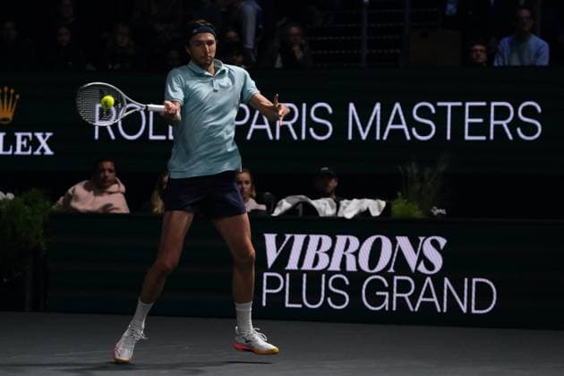 October 29, 2025, Nanterre, Hauts De Seine, France: VALENTIN VACHEROT (MON) returns the ball to ARTHUR RINDERKNECH (FRA) during the second round of Rolex Paris Masters 1000 tournament at La Defense Arena Stadium - Nanterre - France..Vacherot won 6:7 6:3 6:4 Nanterre France - ZUMAp119 20251029_zaf_p119_017 Copyright: xPierrexSteveninx