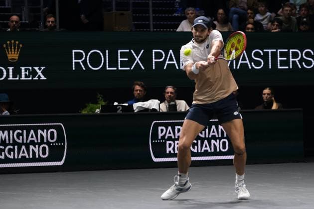 October 29, 2025, Nanterre, Hauts De Seine, France: VALENTIN VACHEROT (MON) returns the ball to ARTHUR RINDERKNECH (FRA) during the second round of Rolex Paris Masters 1000 tournament at La Defense Arena Stadium - Nanterre - France..Vacherot won 6:7 6:3 6:4 Nanterre France - ZUMAp119 20251029_zaf_p119_034 Copyright: xPierrexSteveninx