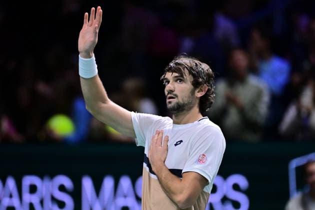 TENNIS : Rolex Paris Masters - Paris - 29 10 2025 Valentin Vacherot ( Monaco ) celebrates his victory during the Rolex Paris Masters at Paris La Defense Arena on October 29, 2025 in Nanterre, France. (Photo by Federico Pestellini PSNewz ) ParisFrance  Copyright: xFedericoxPestellinix