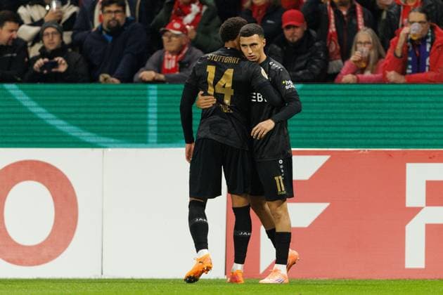 Luca Jaquez VFB Stuttgart celebrates the goal to 0 1 with Bilal El Khannouss VFB Stuttgart , FSV Mainz 05 vs VFB Stuttgart, Football, DFB Pokal, 2 Runde, Saison 2025 2026, 29 10 2025 DFB regulations prohibit any use of photographs as image sequences and or quasi video FSV Mainz 05 vs VFB Stuttgart, Football, DFB Pokal, 2 Runde, Saison 2025 2026, 29 10 2025 Copyright: xEibner-Pressefoto AlexanderxNeisx EP_ANS