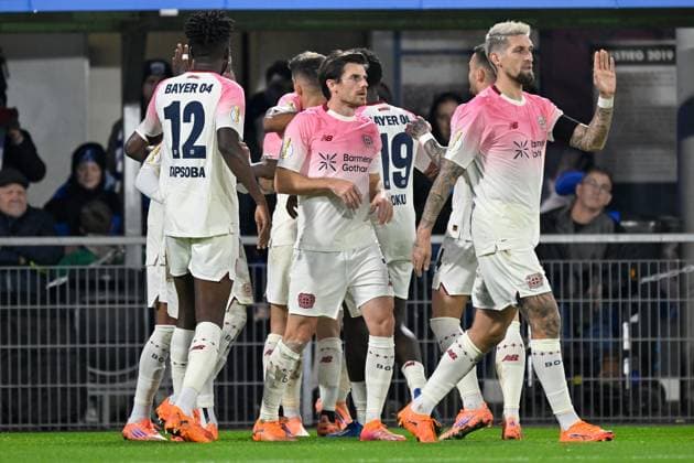 Paderborn, Home Deluxe Arena, 29 10 25, GER, Herren, DFB Pokal, 2 Runde, Saison 2025 2026, SC Paderborn 07 Bayer 04 Leverkusen Bild Alejandro GRIMALDO Leverkusen jubilates after his goal to 0 1 DFB regulations prohibit any use of photographs as image sequences and or quasi video Nordrhein Westfalen Germany
