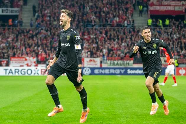GER, Mainz, Soccer, DFB Cup, 2nd main round, FSV Mainz 05 vs VFB Stuttgart in the picture from l Atakan Karazor VFB Stuttgart 16 , Bilal El Khannouss VFB Stuttgart 11 , Goal celebration 29 10 2025, MEWA Arena Mainz DFB REGULATIONS PROHIBIT ANY USE OF PHOTOGRAPHS AS IMAGE SEQUENCES AND OR QUASI VIDEO, Copyright: HMBxMedia PaulxFritz