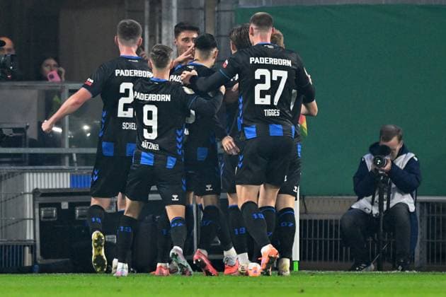 Paderborn, Home Deluxe Arena, 29 10 25, GER, Herren, DFB Pokal, 2 Runde, Saison 2025 2026, SC Paderborn 07 Bayer 04 Leverkusen Bild Stefano MARINO Paderborn jubilates after his goal to 1 1 DFB regulations prohibit any use of photographs as image sequences and or quasi video Nordrhein Westfalen Germany